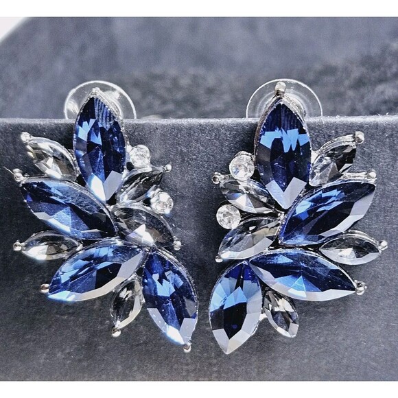 Retro Fancy Rhinestone Stud Earrings Woman's Drops Crystal Blue Clusters Dangle - Picture 8 of 8